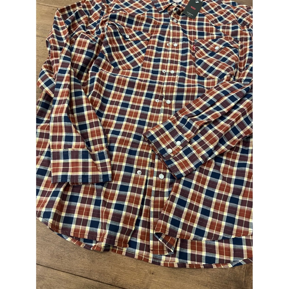 Levis Mens The Western Standard Fit Plaid Snap Button Shirt XL Burgundy Navy - Picture 3 of 7
